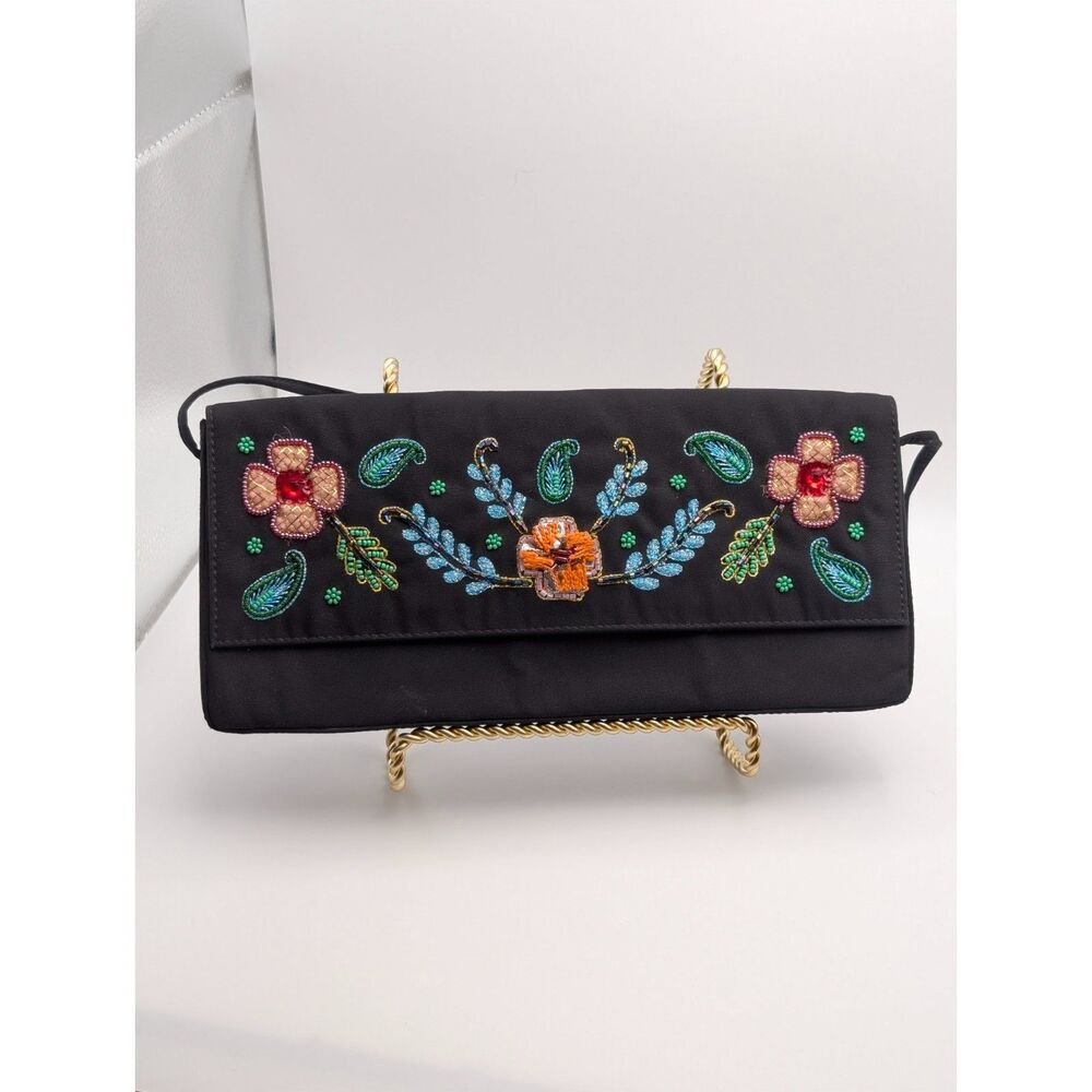 Giuseppe Zanotti Vintage Y2K Designer Evening Bag Black Beaded Satin Handbag - Picture 6 of 13